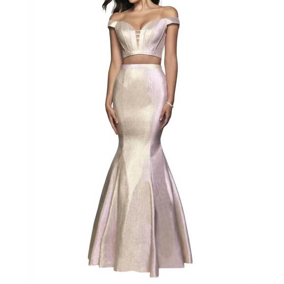 NEW BLUSH PROM two tone woven shimmer two piece gown in pink shimmer